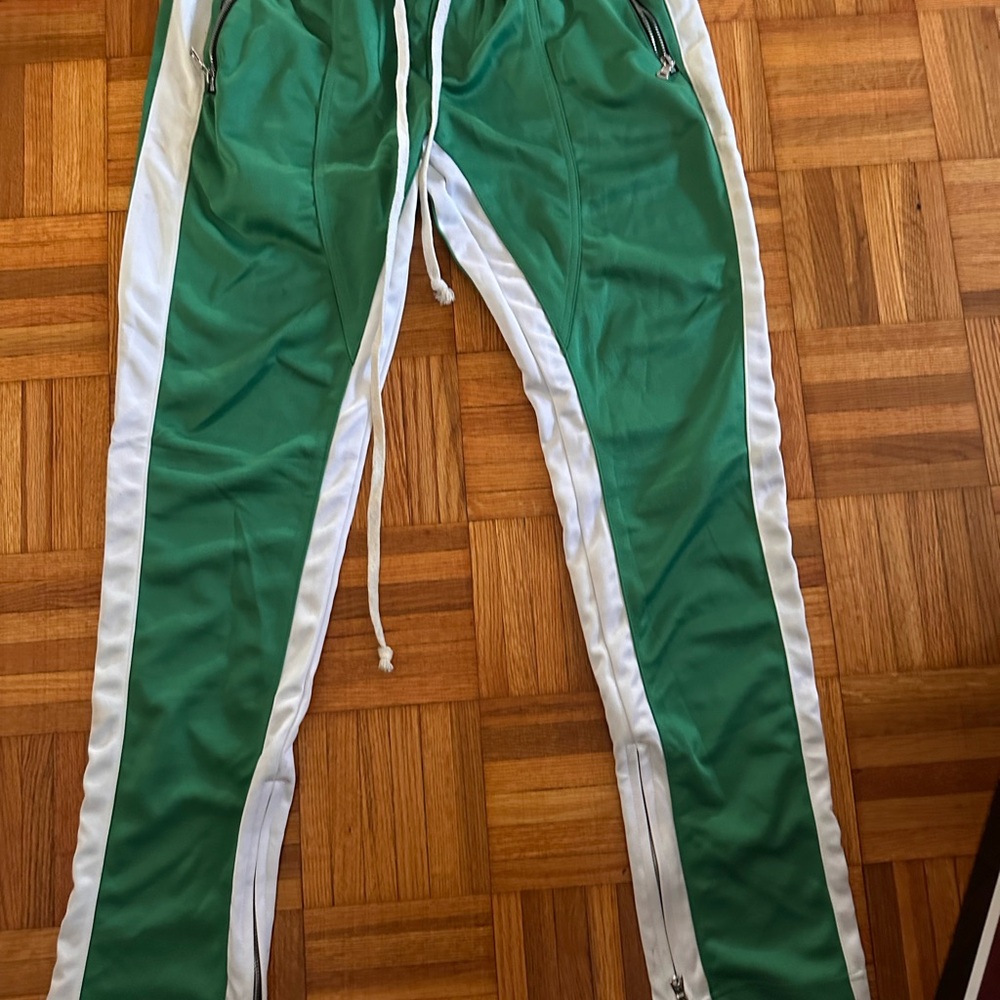 Green and White Mens Track Pants